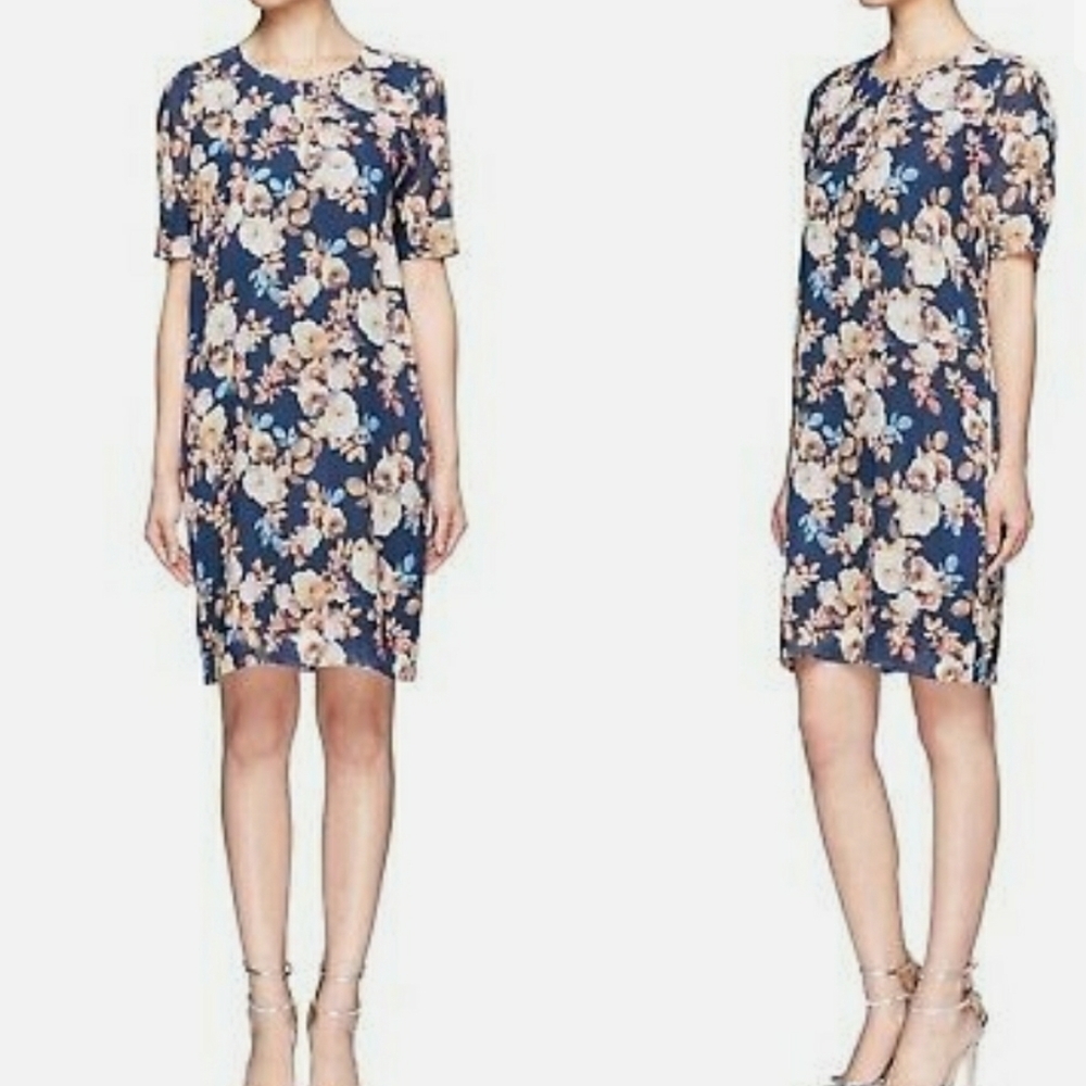 J.CREW Antique Floral Silk Shift Dress Womens Size 00 Navy Blue Short Sleeves - Picture 14 of 15